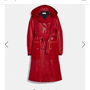 Coach 1941 luxurious red leather trench with wrap around belt & removable hood.